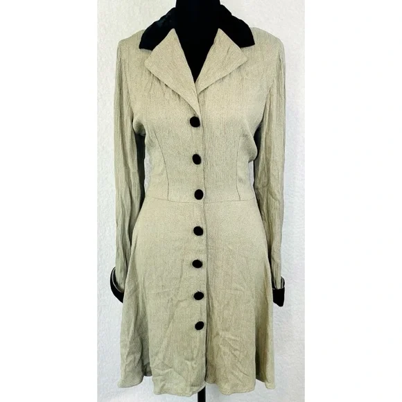 (VTG) CITY TRIANGLES • Sand/Brown Velvet Trim Button Long Sleeve Mini Dress, 7 - Picture 15 of 16